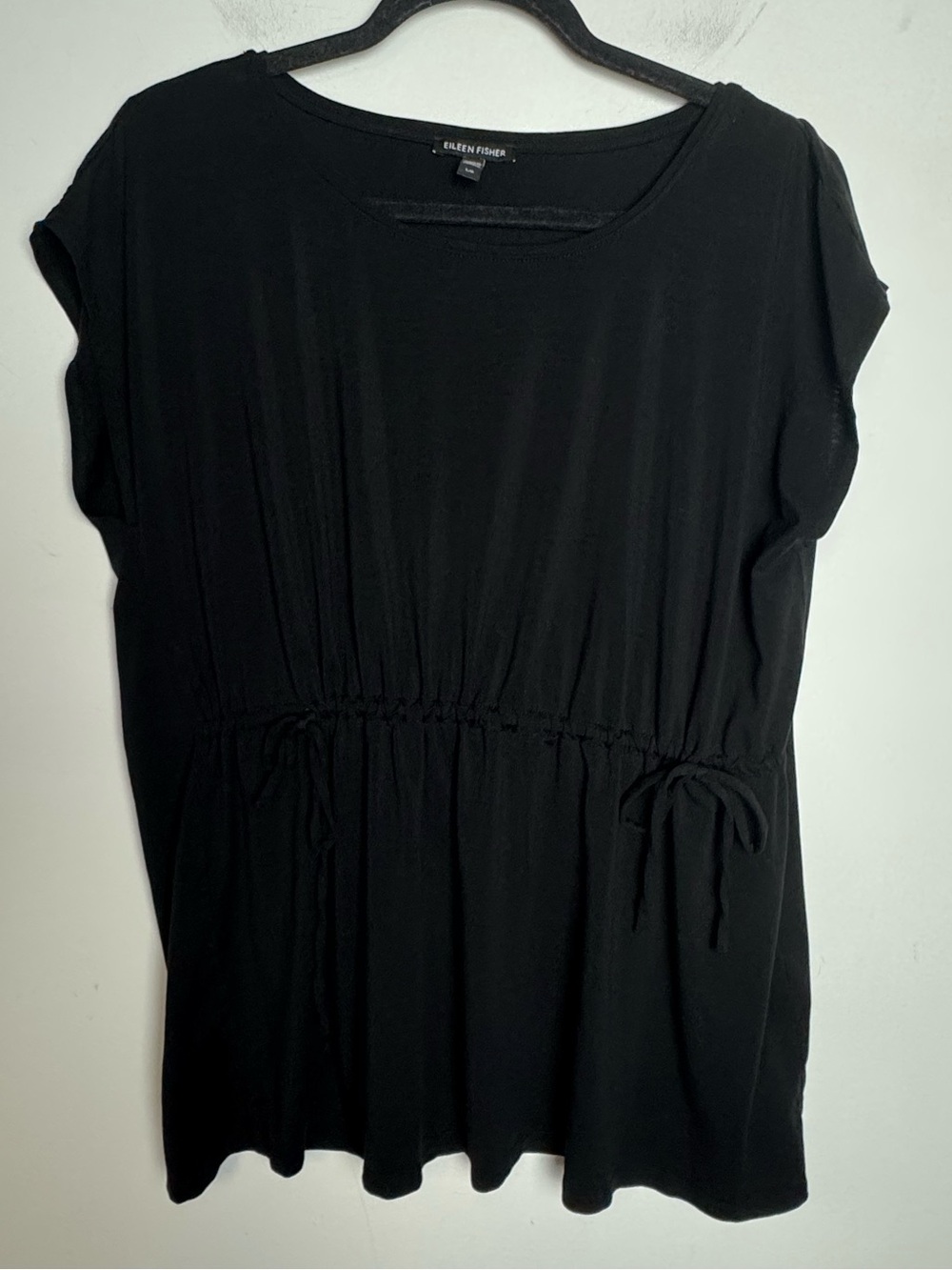 Eileen Fisher Black Drawstring Waist Short Sleeve Top